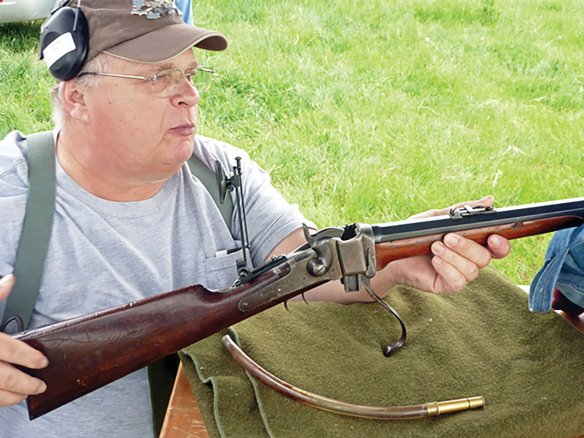 This is Mike preparing to make a long-range shot with his Sharps conversion 45-70 Gov’t. Note the special “mile-high” Montana Vintage Arms Vernier tang sight.